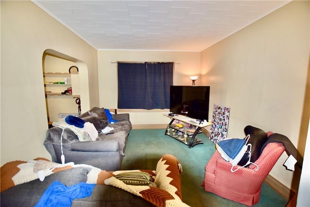 131 Weaver St, Rochester, NY 14621 - living area with carpet, arched walkways, and ornamental molding