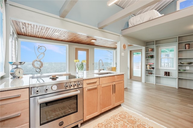 10483 Willow Ln, Yates, NY 14098 - kitchen featuring electric stove, light brown cabinetry, a sink, light wood-type flooring, and wooden ceiling with exposed beams