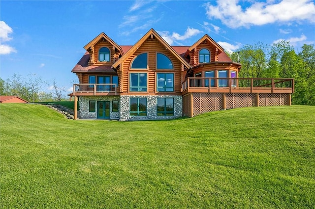 6557 Vincent Hill Rd, Bristol, NY 14424 - back of house with log exterior, a yard, stone siding, and a wooden deck