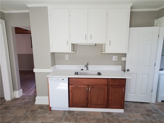21 Manitou St, Rochester, NY 14621 - kitchen with a sink, white dishwasher, ornamental molding, light countertops, and white cabinets
