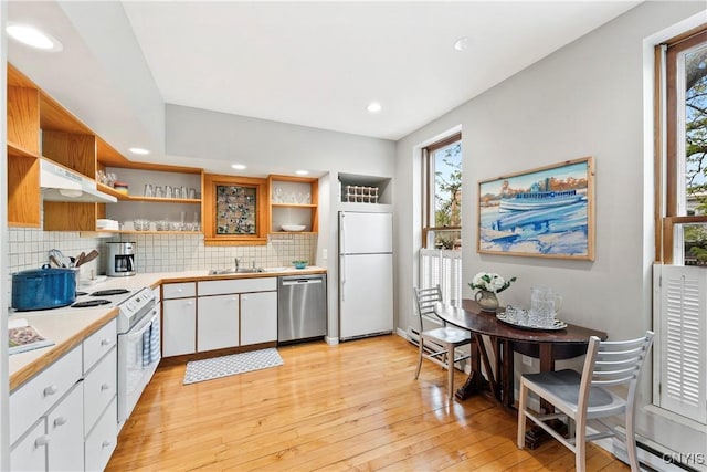 18 E Genesee St Unit 1, Skaneateles, NY 13152 - kitchen featuring white appliances, under cabinet range hood, open shelves, a sink, and white cabinets