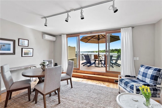18 E Genesee St Unit 1, Skaneateles, NY 13152 - dining room featuring a wall mounted AC, rail lighting, and wood finished floors