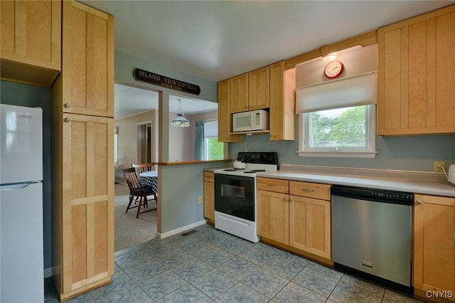 47388 Dingman Point Rd, Alexandria, NY 13607 - kitchen featuring white appliances, light brown cabinets, light countertops, and baseboards