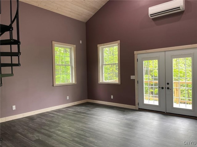 4456 Palmer Rd, Annsville, NY 13471 - entryway featuring a wall unit AC, french doors, lofted ceiling, plenty of natural light, and wooden ceiling
