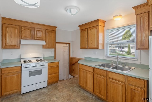 103 Pulaski St, Syracuse, NY 13204 - kitchen with white range with gas stovetop, a sink, under cabinet range hood, light countertops, and brown cabinetry