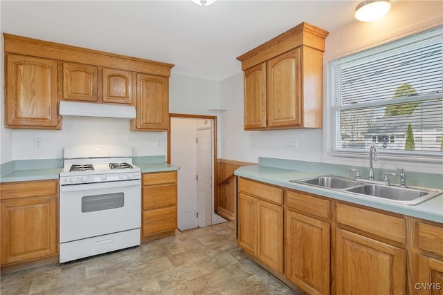 103 Pulaski St, Syracuse, NY 13204 - kitchen with white gas range, a sink, under cabinet range hood, light countertops, and wainscoting