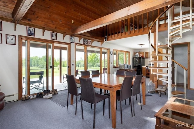 7317 Concord Rd, Concord, NY 14141 - carpeted dining space with a baseboard radiator, stairway, and wooden ceiling with exposed beams