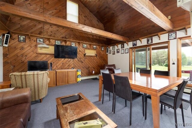 7317 Concord Rd, Concord, NY 14141 - dining space with wooden ceiling, carpet flooring, wooden walls, and baseboard heating