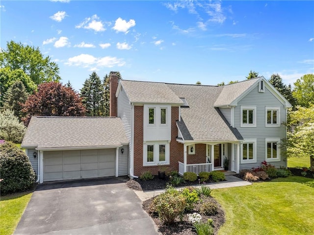 23 Westfield Commons, Penfield, NY 14625 - view of front of home featuring a porch, a garage, asphalt driveway, a front yard, and a chimney