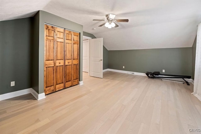 32 E 5th St, Oswego-City, NY 13126 - bonus room featuring a ceiling fan, baseboards, lofted ceiling, and light wood-style floors