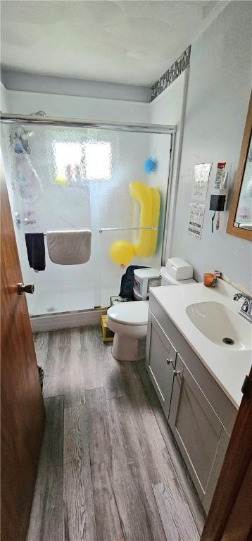 1171 Charles St, Southport, NY 14904 - bathroom with a stall shower, vanity, wood finished floors, and toilet