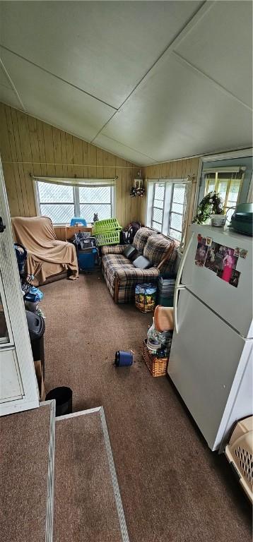1171 Charles St, Southport, NY 14904 - carpeted living area featuring vaulted ceiling and wood walls