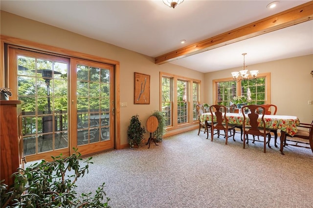5889 W Bluff Dr, Jerusalem, NY 14478 - dining area with carpet floors, a chandelier, beamed ceiling, and recessed lighting