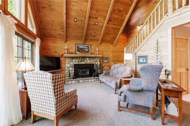 5889 W Bluff Dr, Jerusalem, NY 14478 - living area with carpet floors, wooden walls, stairway, wood ceiling, and lofted ceiling