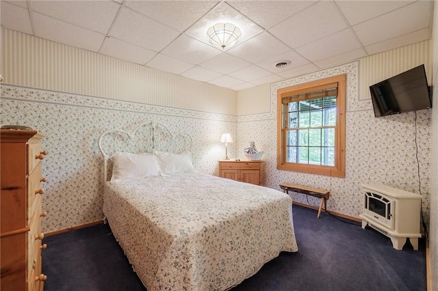 5889 W Bluff Dr, Jerusalem, NY 14478 - bedroom featuring dark carpet, a drop ceiling, and wallpapered walls