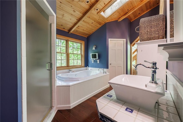 5889 W Bluff Dr, Jerusalem, NY 14478 - full bathroom featuring wood finished floors, wooden ceiling, a bath, a stall shower, and a skylight