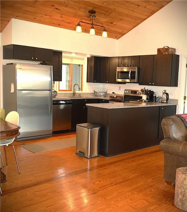 100 Clear Springs Ln, Middletown, NY 12430 - kitchen featuring stainless steel appliances, wooden ceiling, vaulted ceiling, a peninsula, and a sink