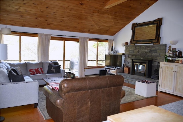 100 Clear Springs Ln, Middletown, NY 12430 - living room with wood finished floors, wooden ceiling, lofted ceiling, and a stone fireplace