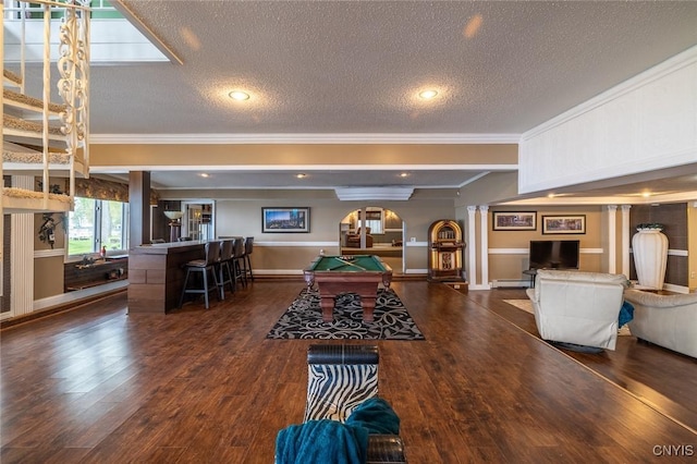 1079 State Route 49, Constantia, NY 13028 - playroom with ornamental molding, a textured ceiling, pool table, arched walkways, and wood finished floors