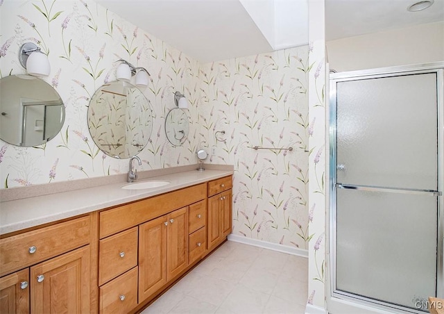 4951 Ravine Rd, Manlius, NY 13066 - full bathroom with wallpapered walls, baseboards, a shower stall, and vanity