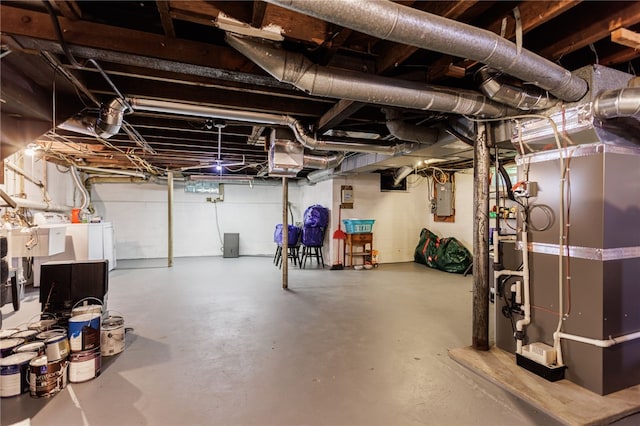 540 List Ave, Irondequoit, NY 14617 - unfinished below grade area with electric panel, washing machine and clothes dryer, and heating unit