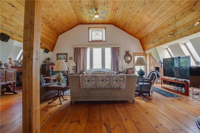 278 Taylor Rd, Jefferson, NY 12167 - living area with a ceiling fan, wooden ceiling, wood-type flooring, and high vaulted ceiling