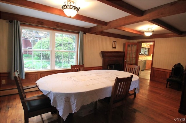 14 Fenner St, Cazenovia, NY 13035 - dining area with beamed ceiling, wood finished floors, and wainscoting