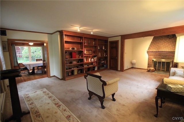 14 Fenner St, Cazenovia, NY 13035 - sitting room featuring carpet flooring, baseboards, a fireplace, and crown molding