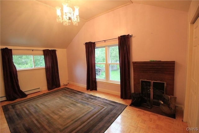 14 Fenner St, Cazenovia, NY 13035 - unfurnished living room featuring lofted ceiling, a chandelier, baseboards, and a fireplace with flush hearth