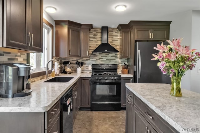 591 Girdle Rd, Elma, NY 14052 - kitchen with black appliances, wall chimney range hood, a sink, and light countertops