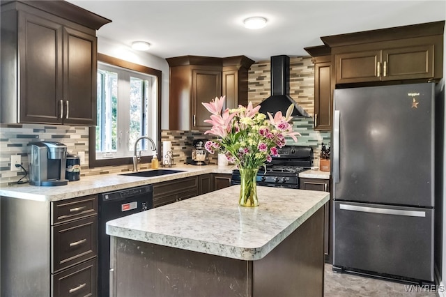 591 Girdle Rd, Elma, NY 14052 - kitchen with black appliances, a sink, light countertops, wall chimney exhaust hood, and dark brown cabinets