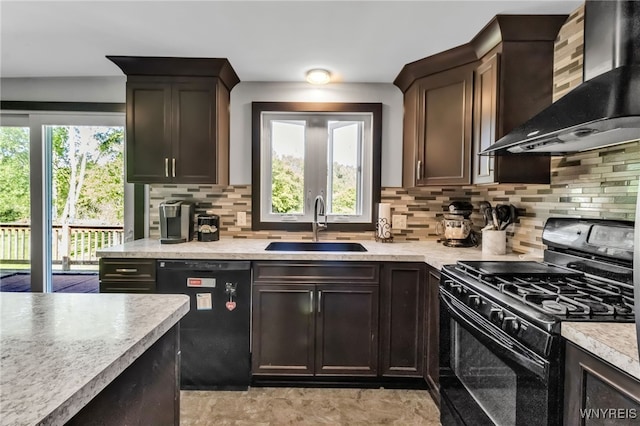 591 Girdle Rd, Elma, NY 14052 - kitchen with wall chimney range hood, black appliances, a sink, and light countertops