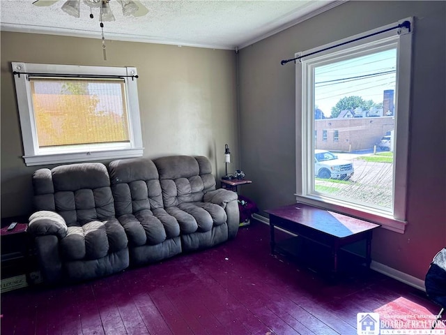 83 E Doughty St, Dunkirk-City, NY 14048 - living area with hardwood / wood-style flooring, ceiling fan, crown molding, and a textured ceiling