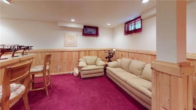 1311 Snake Creek Rd, Hancock, NY 13783 - living area with a wainscoted wall, wooden walls, carpet, a wall unit AC, and recessed lighting