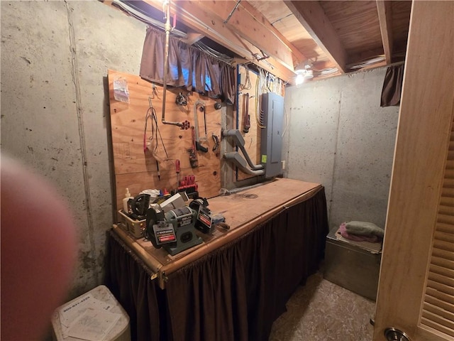 1311 Snake Creek Rd, Hancock, NY 13783 - unfinished below grade area featuring electric panel and a workshop area