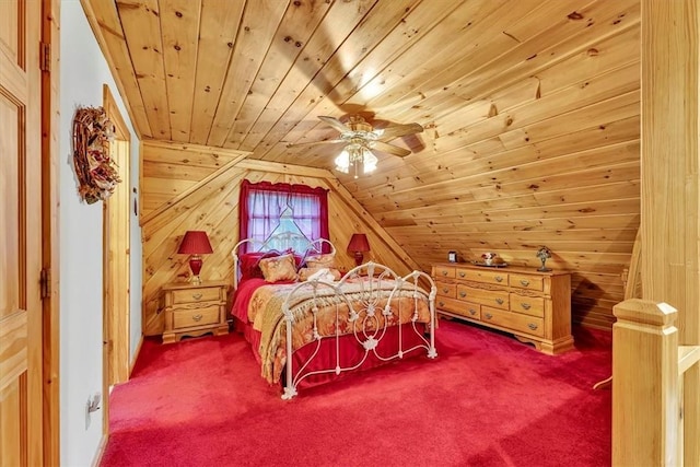 1311 Snake Creek Rd, Hancock, NY 13783 - bedroom featuring wood ceiling, lofted ceiling, wood walls, carpet floors, and ceiling fan