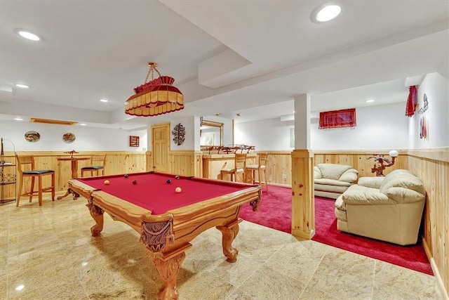 1311 Snake Creek Rd, Hancock, NY 13783 - playroom with bar area, a wainscoted wall, wood walls, pool table, and recessed lighting