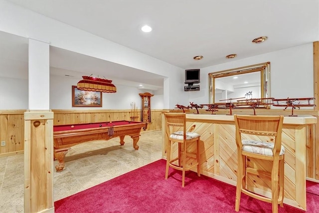 1311 Snake Creek Rd, Hancock, NY 13783 - playroom with bar with sink, billiards, carpet, wainscoting, and wood walls