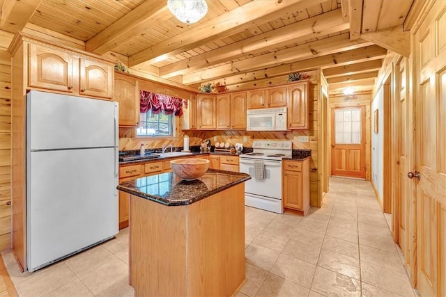 1311 Snake Creek Rd, Hancock, NY 13783 - kitchen featuring white appliances, wood ceiling with exposed beams, a center island, dark stone countertops, and a sink