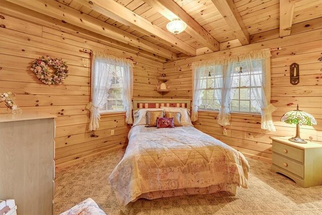 1311 Snake Creek Rd, Hancock, NY 13783 - carpeted bedroom featuring multiple windows, wood ceiling with exposed beams, and wood walls