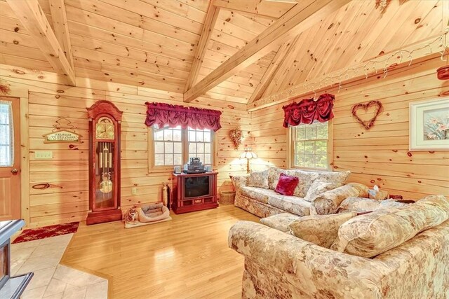 1311 Snake Creek Rd, Hancock, NY 13783 - living area featuring wood ceiling, plenty of natural light, light wood-style floors, and wood walls