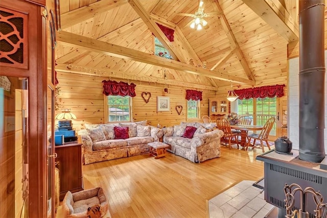 1311 Snake Creek Rd, Hancock, NY 13783 - living area with a wood stove, wooden ceiling with exposed beams, healthy amount of natural light, hardwood / wood-style floors, and a ceiling fan