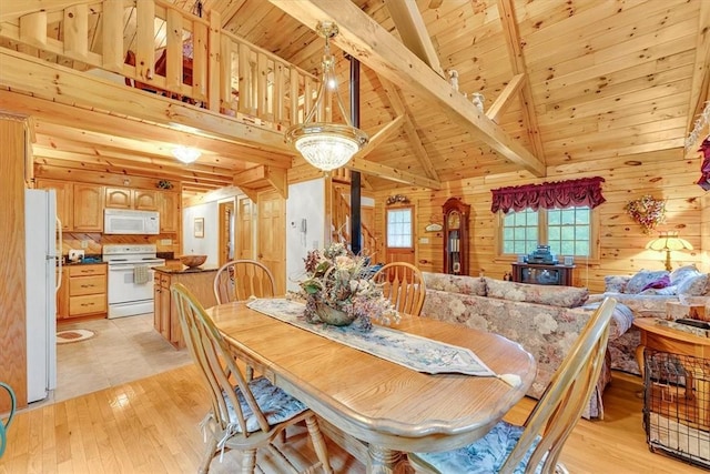 1311 Snake Creek Rd, Hancock, NY 13783 - dining area featuring a wood stove, wooden walls, light wood-style floors, wooden ceiling with exposed beams, and high vaulted ceiling