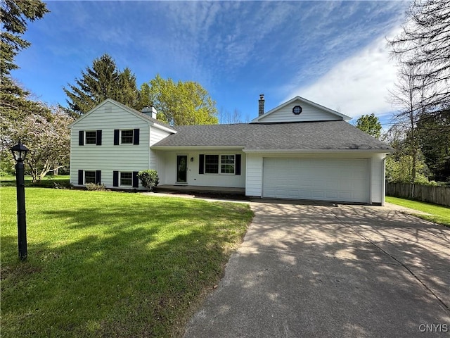 25 Highmore Dr, Oswego-Town, NY 13126 - split level home featuring concrete driveway, an attached garage, a chimney, and roof with shingles