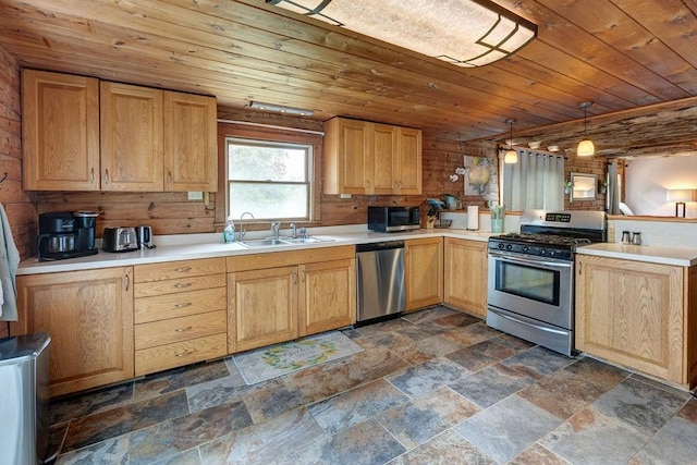 2165 Hamden Hill Rd, Hamden, NY 13782 - kitchen featuring appliances with stainless steel finishes, a peninsula, a sink, wood ceiling, and light countertops