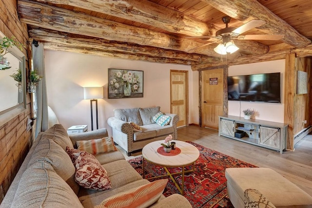 2165 Hamden Hill Rd, Hamden, NY 13782 - living room featuring wood ceiling with exposed beams, a ceiling fan, a baseboard radiator, and wood finished floors