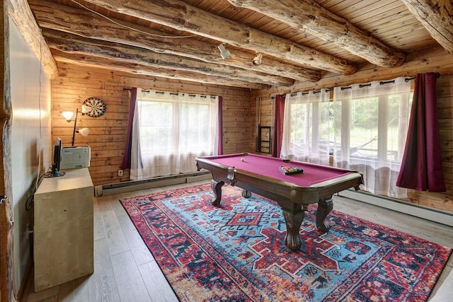 2165 Hamden Hill Rd, Hamden, NY 13782 - game room with wood ceiling with exposed beams, a baseboard radiator, hardwood / wood-style flooring, billiards, and wood walls
