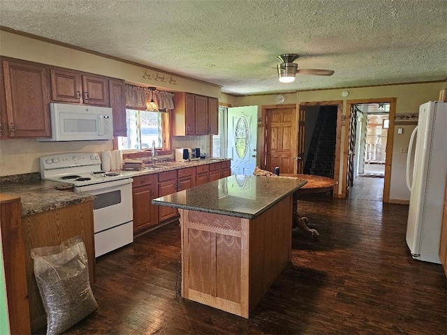 4636 Kirkwood Rd, Cohocton, NY 14826 - kitchen featuring white appliances, a sink, dark wood-type flooring, a textured ceiling, and a kitchen island