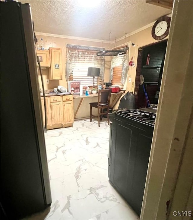 1703 Whitesboro St, Utica, NY 13502 - kitchen featuring freestanding refrigerator, light brown cabinetry, ornamental molding, light marble finish floors, and a textured ceiling