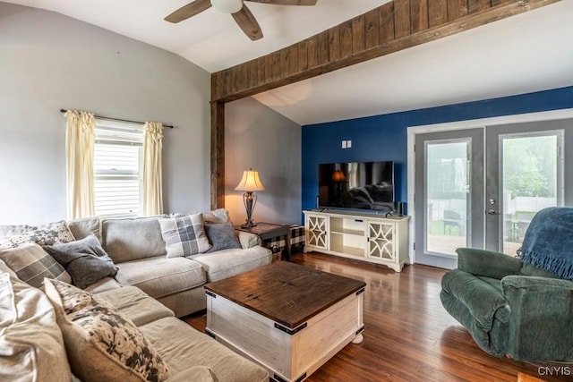 906 Beley Ave, Salina, NY 13211 - living room with french doors, vaulted ceiling, healthy amount of natural light, dark wood-style flooring, and ceiling fan